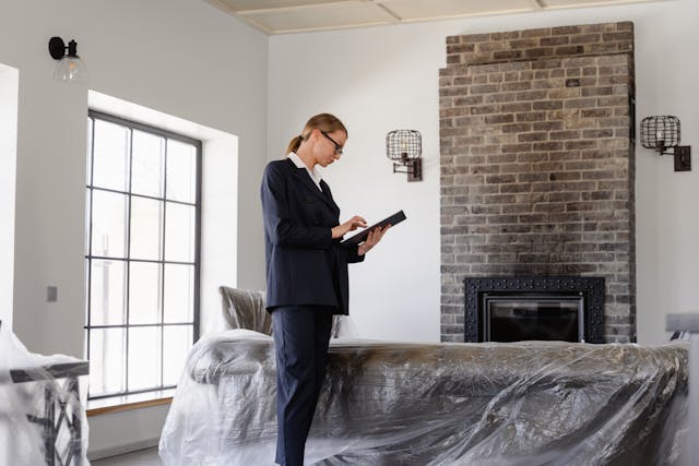 Person standing in a living room with plastic protected furniture